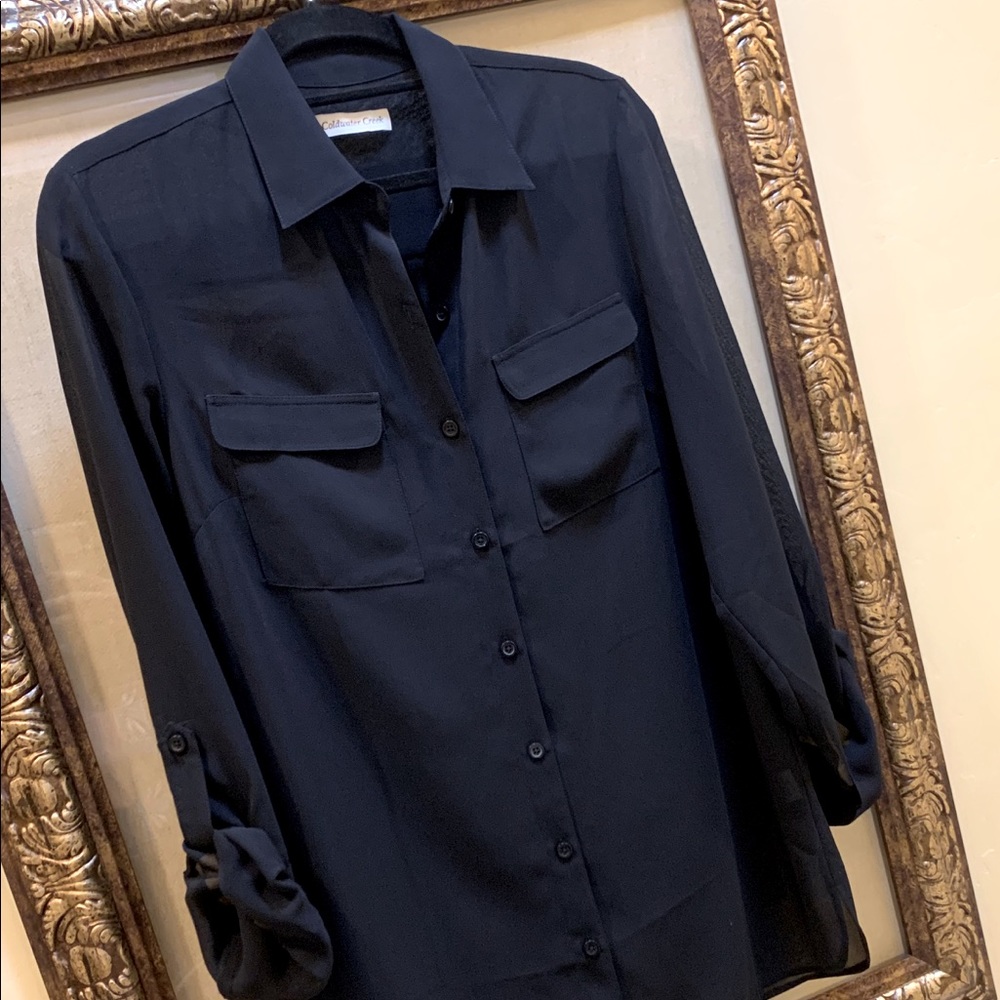 ***Coldwater Creek black sheer roll tab blouse size S